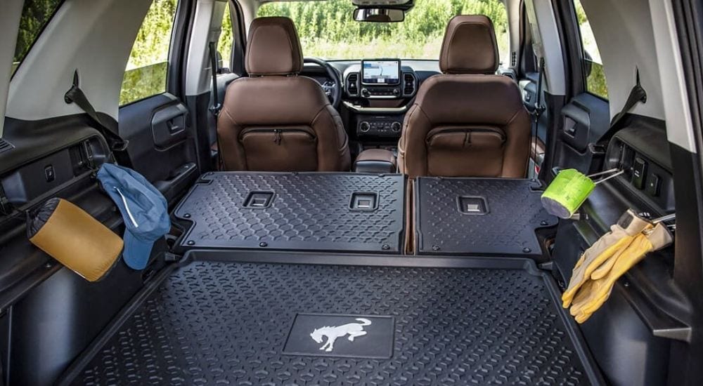 The black and brown interior is shown in a 2024 Ford Bronco Sport.