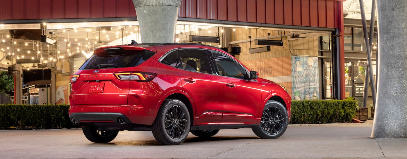 A red 2023 Ford Escape ST Line is shown from the rear at an angle after leaving a Ford dealer near Jackson.