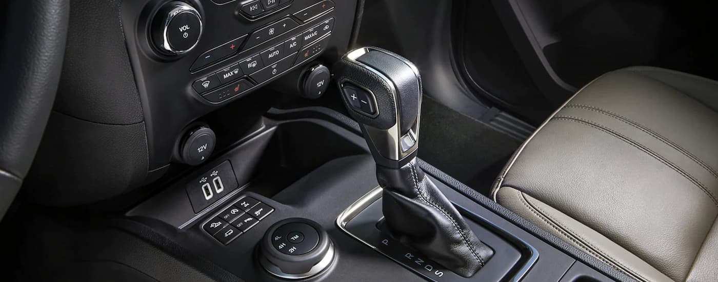 Center console of a 2022 Ford Ranger Lariat at a used Ford dealer near Huntingdon.
