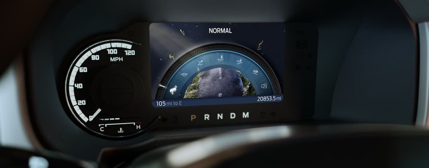 Normal drive mode on the gauge cluster in a 2023 Ford Bronco for sale in Milan.