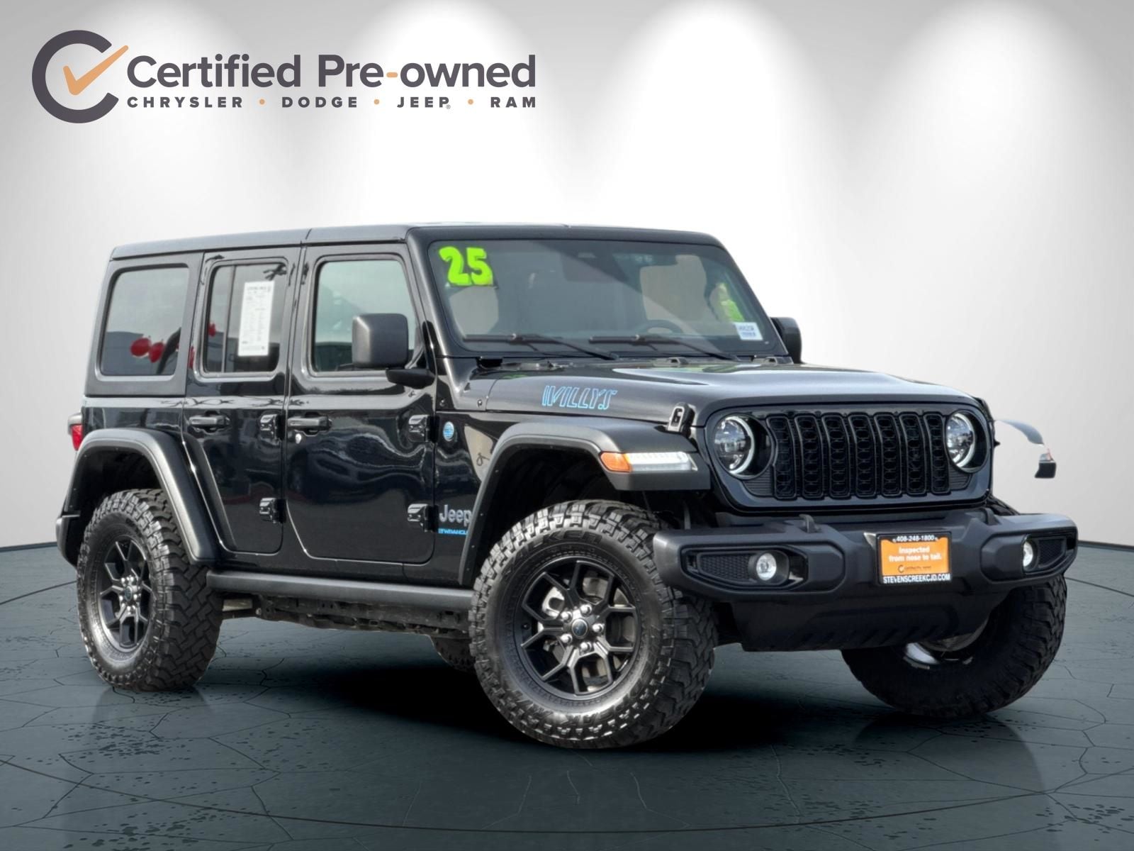 Certified 2025 Jeep Wrangler 4xe Willys 4XE with VIN 1C4RJXN6XSW583414 for sale in San Jose, CA