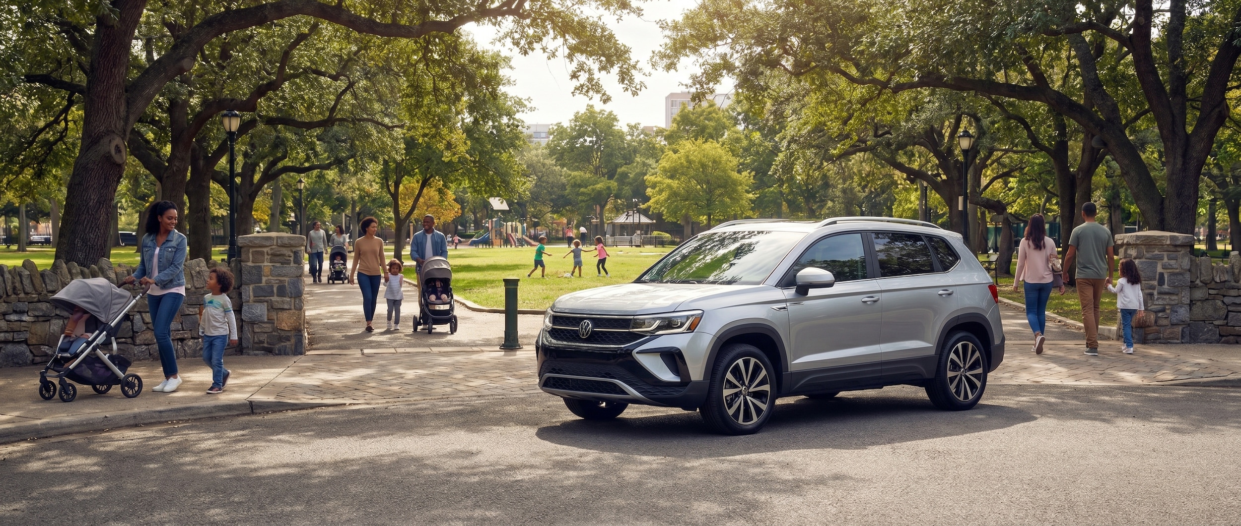 Volkswagen Taos parked at Greer City Park family destination in Greenville SC