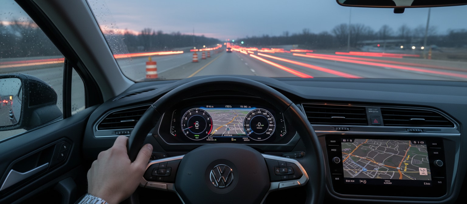 Volkswagen Tiguan IQ.DRIVE assistance features navigating I-85 construction in Greenville.