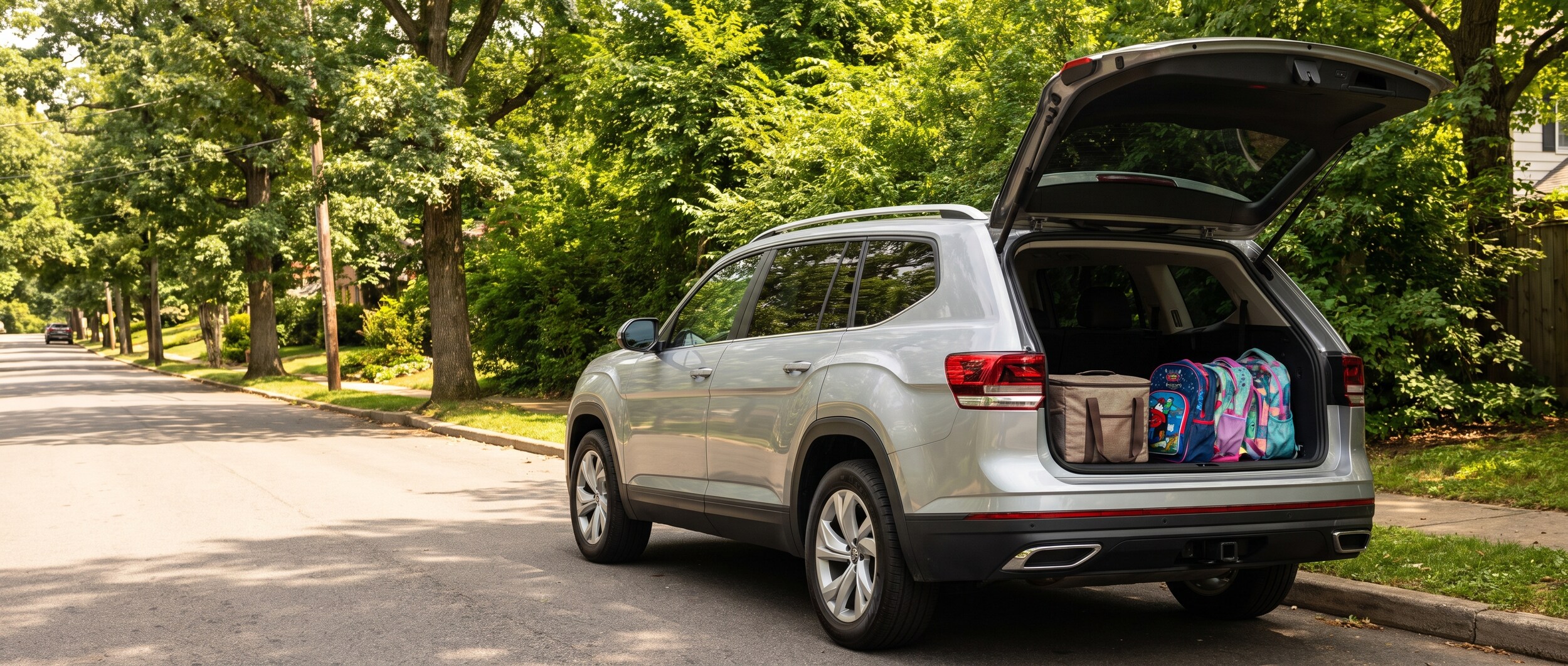 2026 Volkswagen Atlas with rear hatch open at Cleveland Park in Greenville SC on a summer family day
