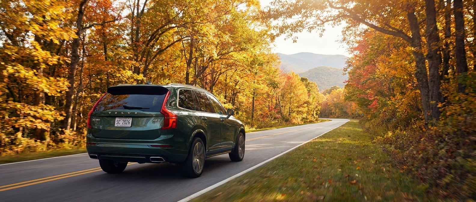 2026 Volkswagen Tiguan on SC-11 with Table Rock Mountain fall foliage in the background, Upstate South Carolina