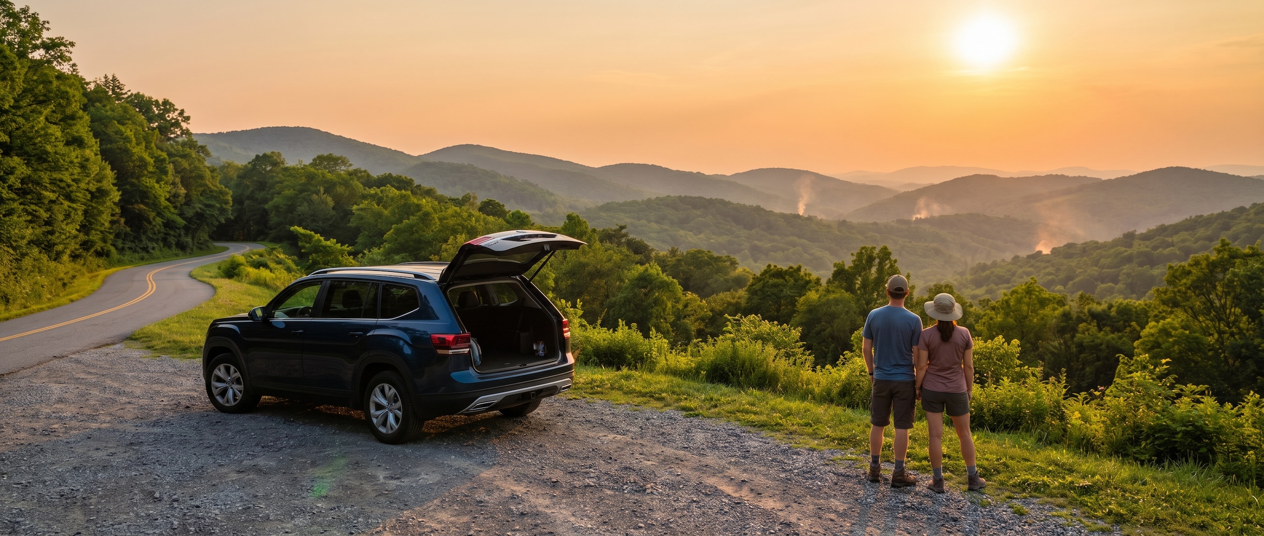 Volkswagen SUV parked at a Blue Ridge overlook in Greenville, SC on a hot July summer day before a road trip