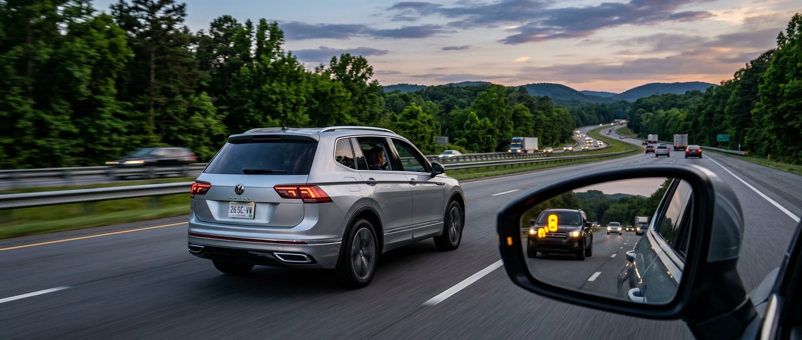 2026 Volkswagen Tiguan on I-385 in Greenville SC with blind spot monitor indicator lit in side mirror
