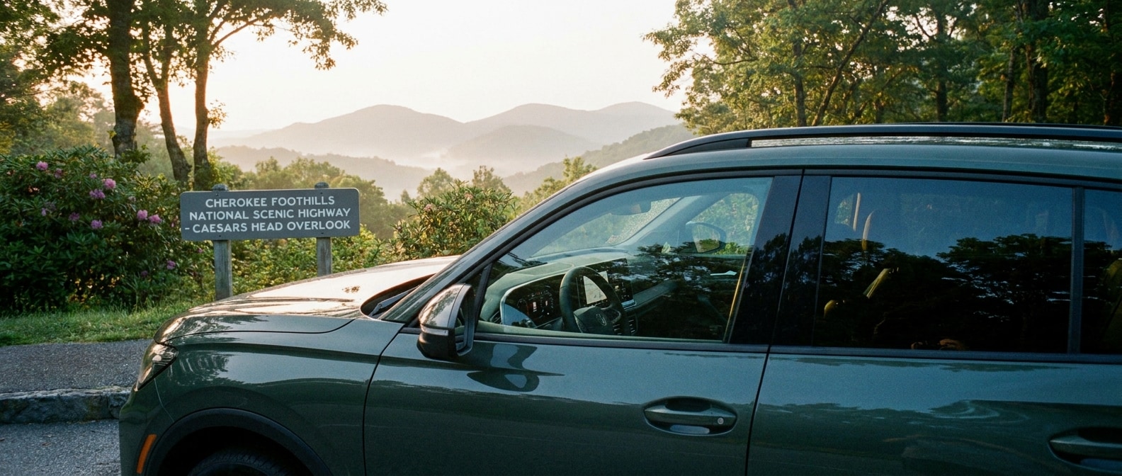 2026 Volkswagen Tiguan on the Cherokee Foothills National Scenic Highway on a humid Upstate SC summer morning