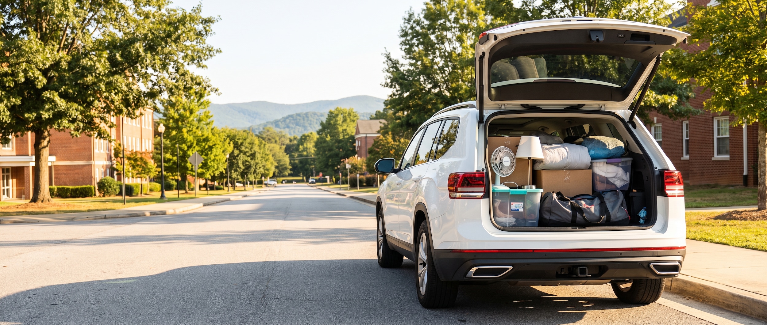2026 Volkswagen Atlas liftgate open and loaded with dorm move-in cargo near Clemson, SC