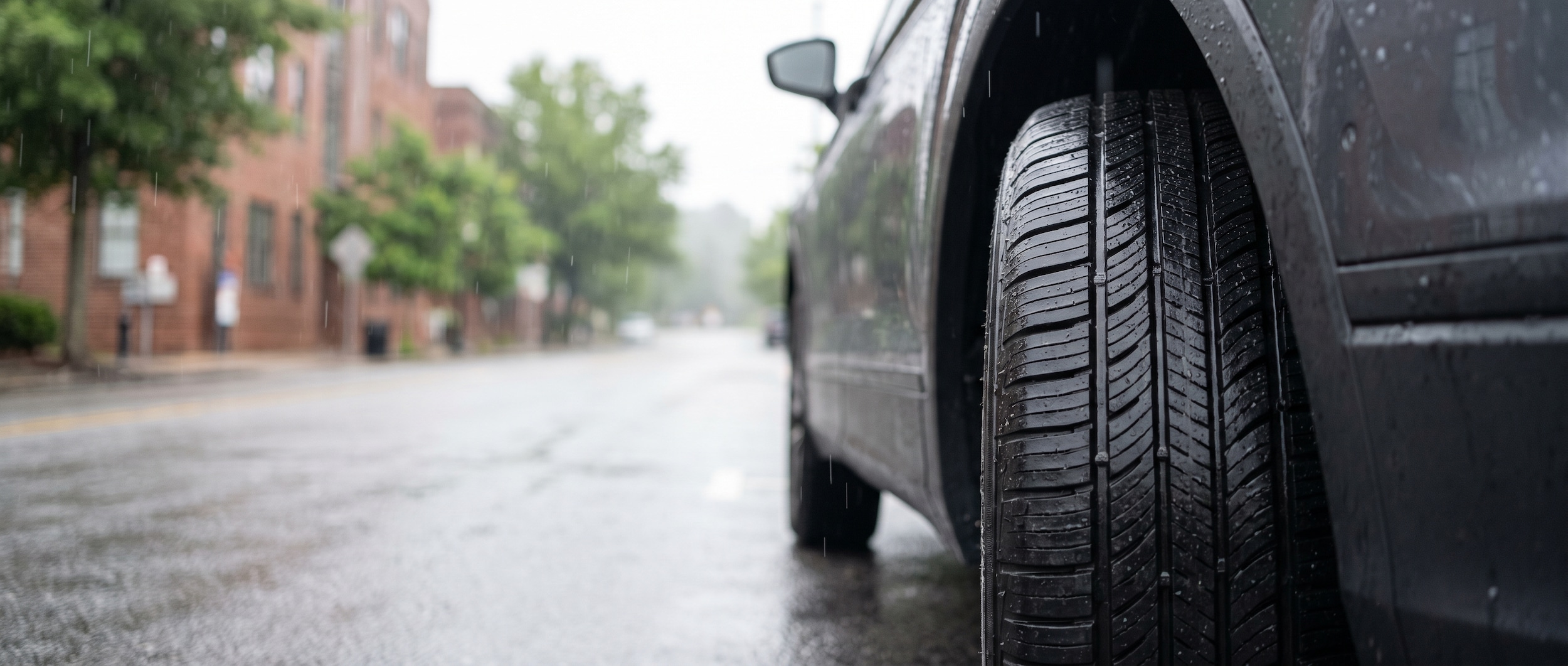 2026 Volkswagen Tiguan on wet Greenville SC road with close-up of new tire tread in summer rain