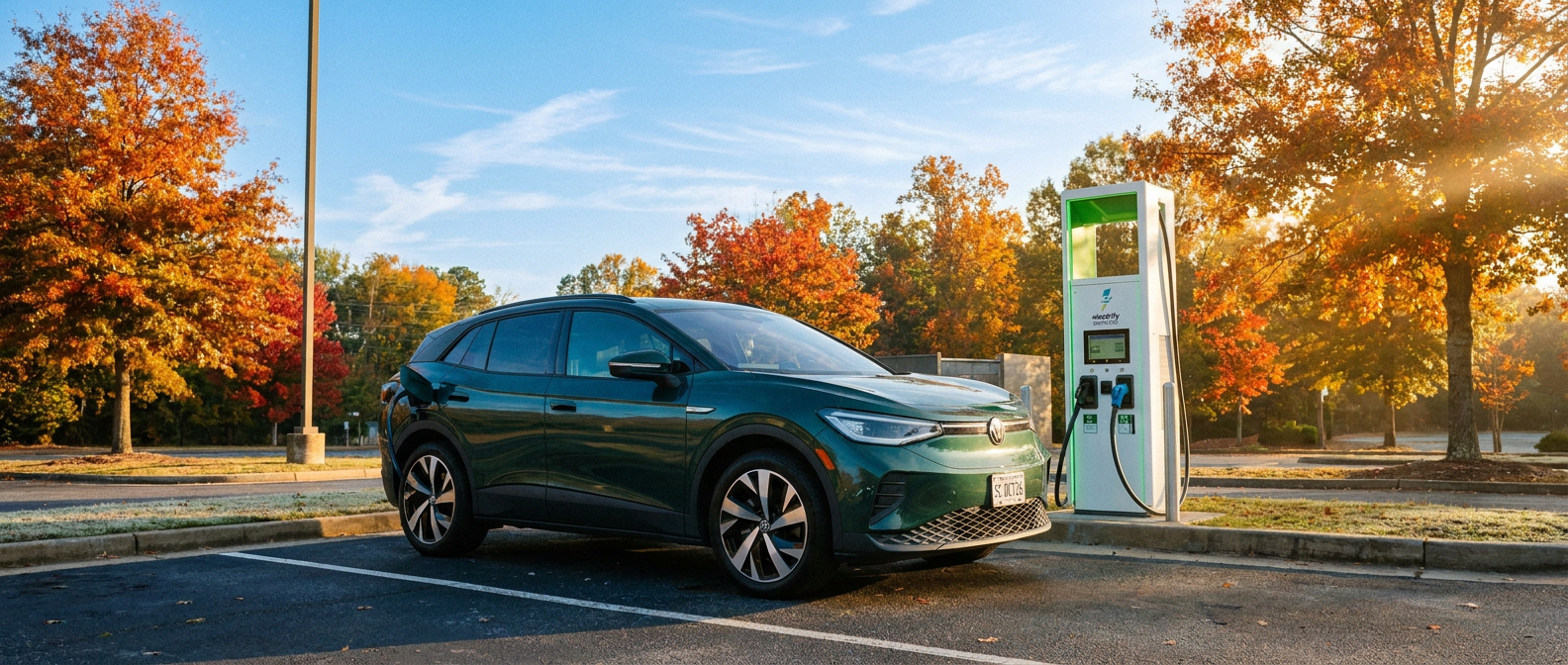 2026 Volkswagen ID.4 charging at an Electrify America station in Greenville SC on a fall morning