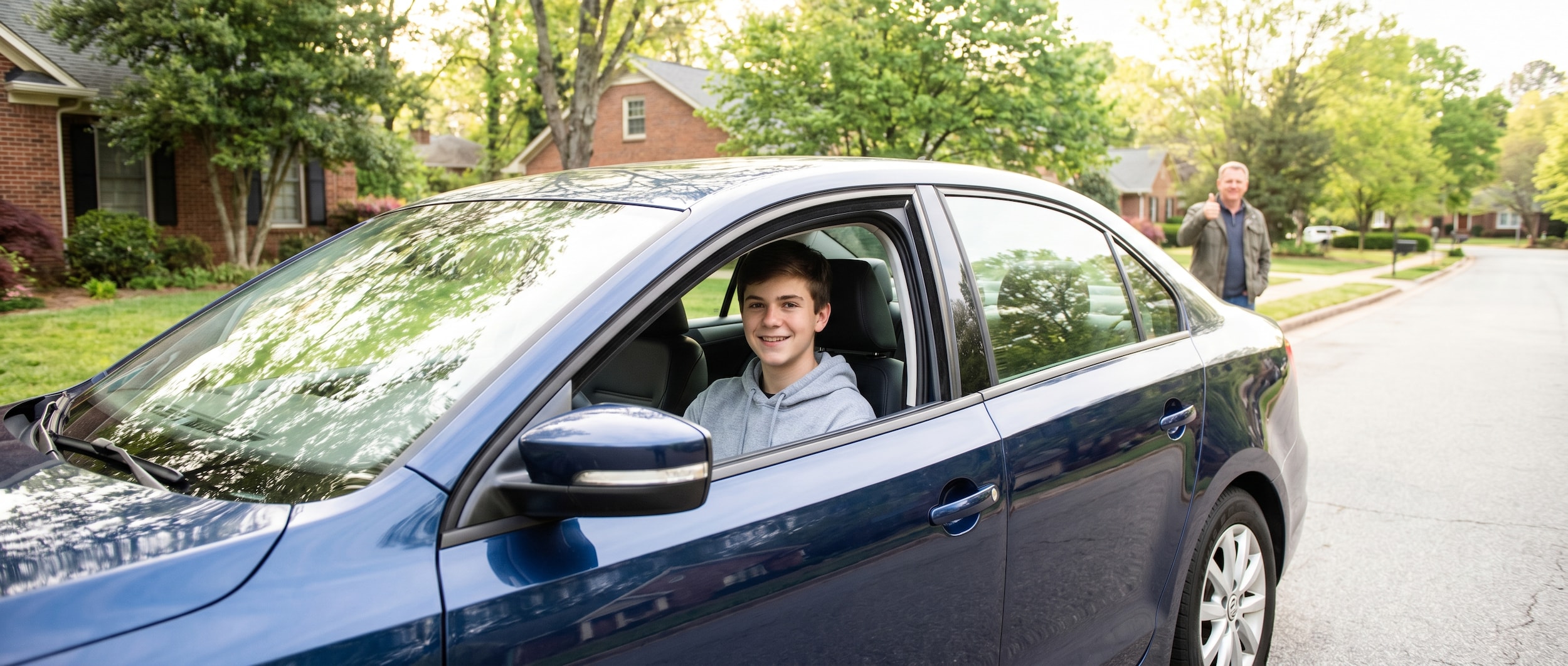 Teen driver in a Volkswagen Jetta in Greenville SC with modern safety technology features visible on dashboard