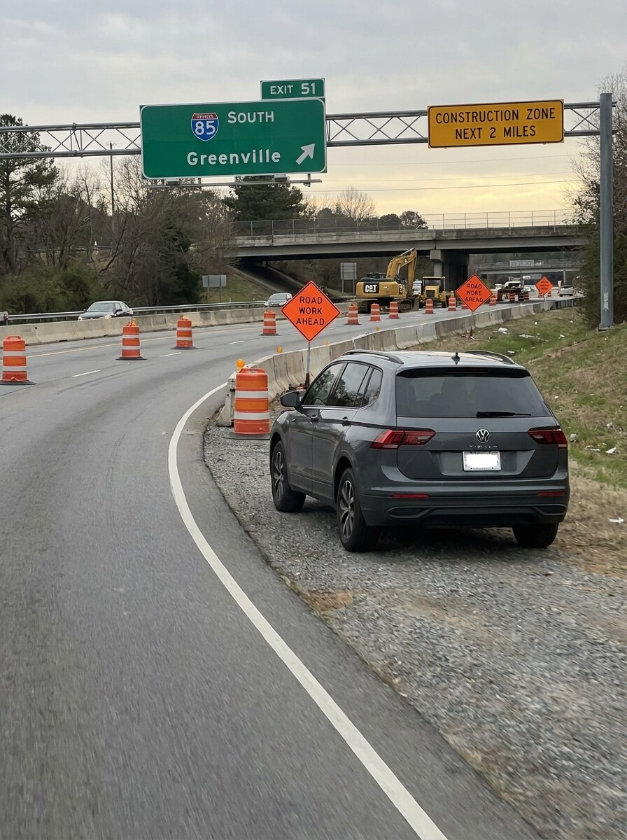 2026 Volkswagen Tiguan on the shoulder of an interstate in Greenville, SC near highway construction zone