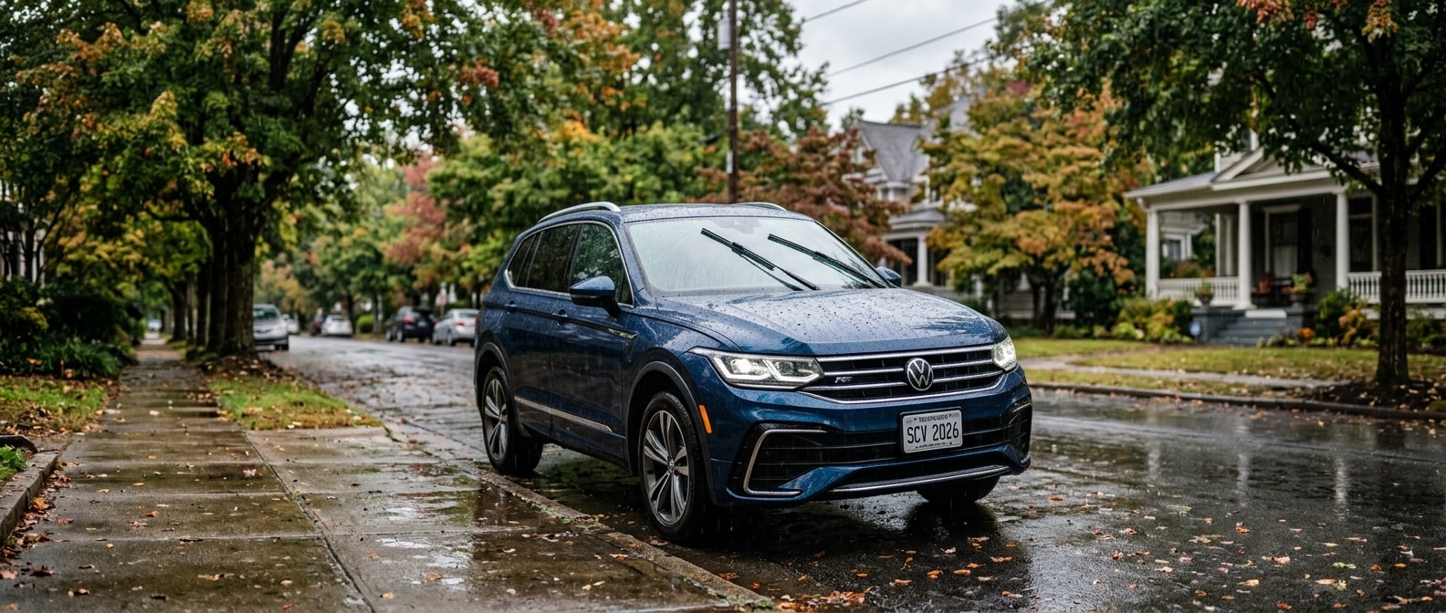 2026 Volkswagen Tiguan with active wiper blades clearing rain on a wet Greenville, SC street in September