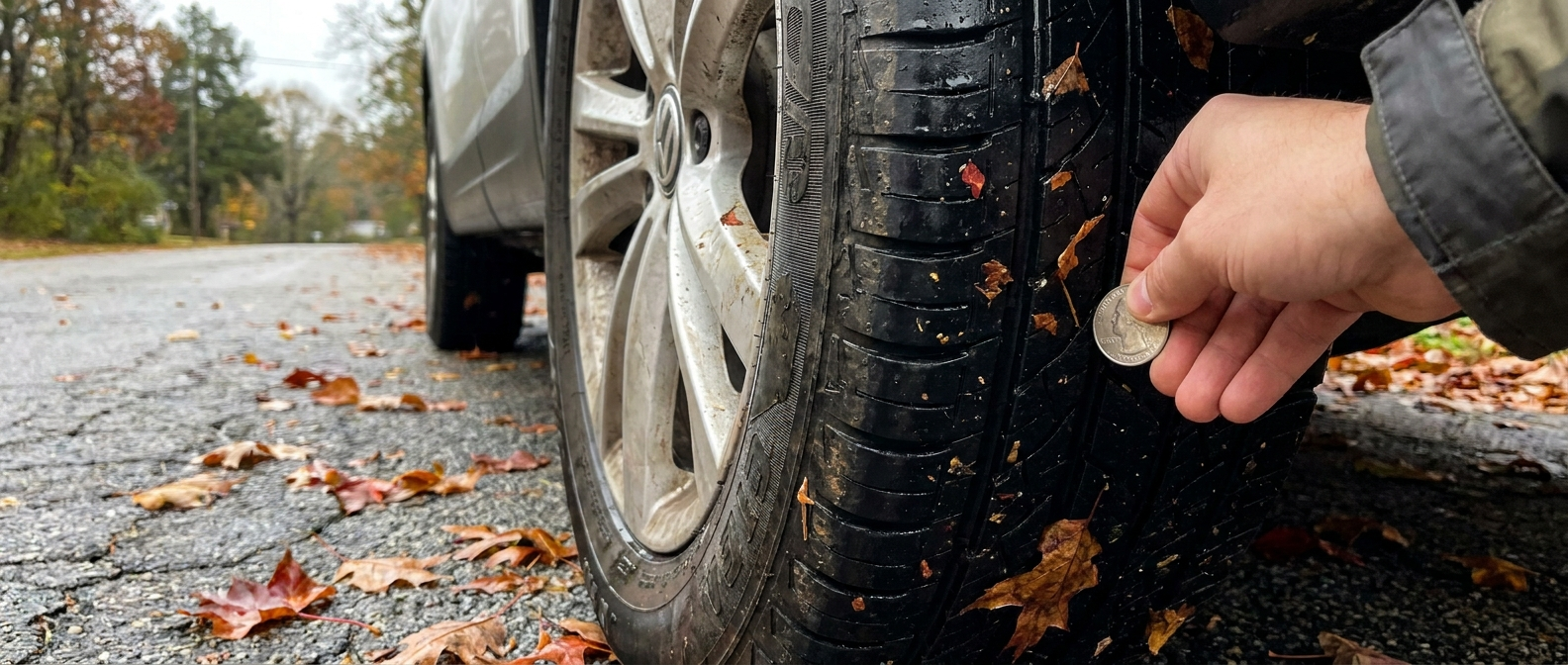 Hand performing quarter tread depth test on a 2026 Volkswagen Tiguan tire on a wet road in Greenville, SC
