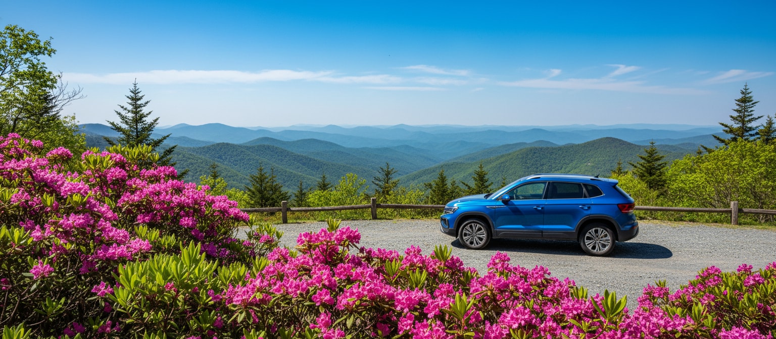 Volkswagen Taos compact SUV parked at a mountain overlook near Greenville SC.