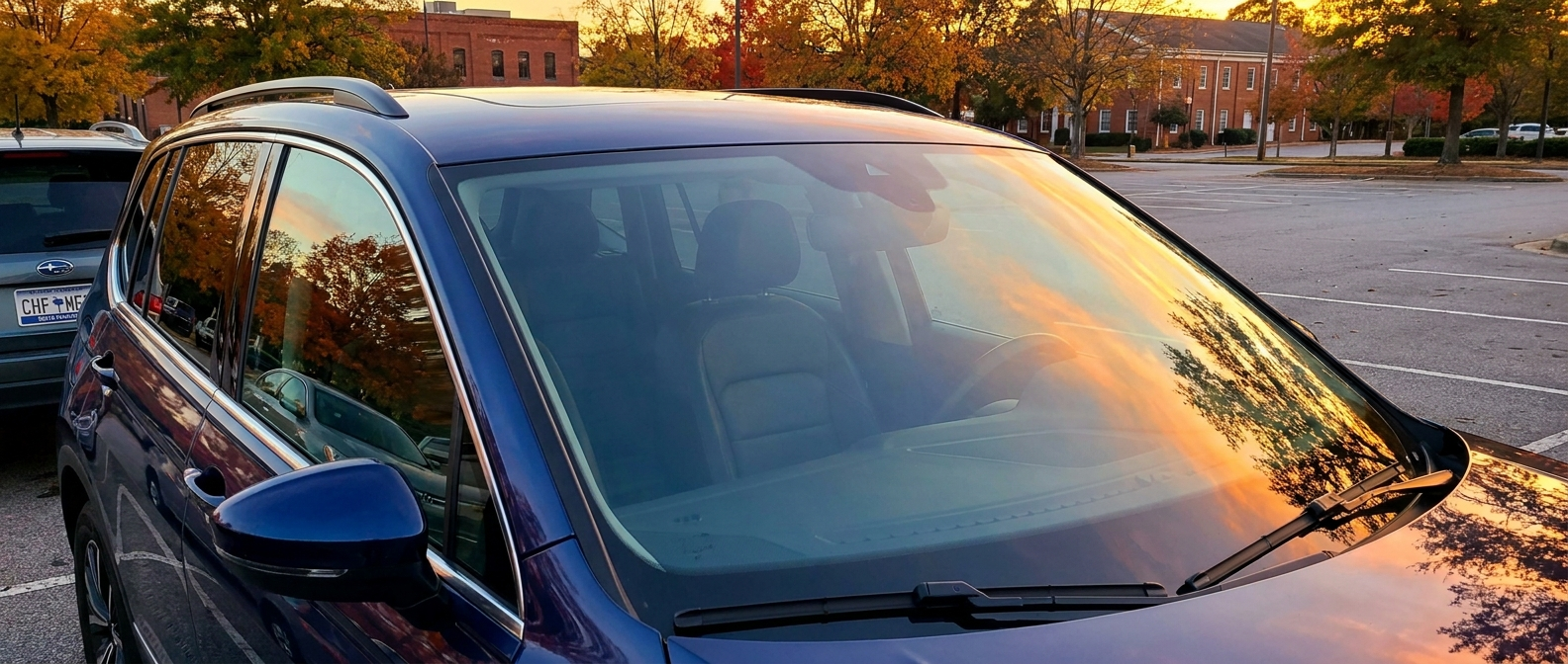 Volkswagen Tiguan with crystal-clear windshield at October sunset in Greenville, SC fall foliage