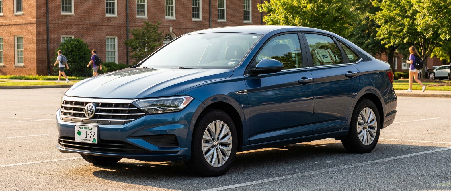 2026 Volkswagen Jetta parked near a Greenville SC campus building, used student car