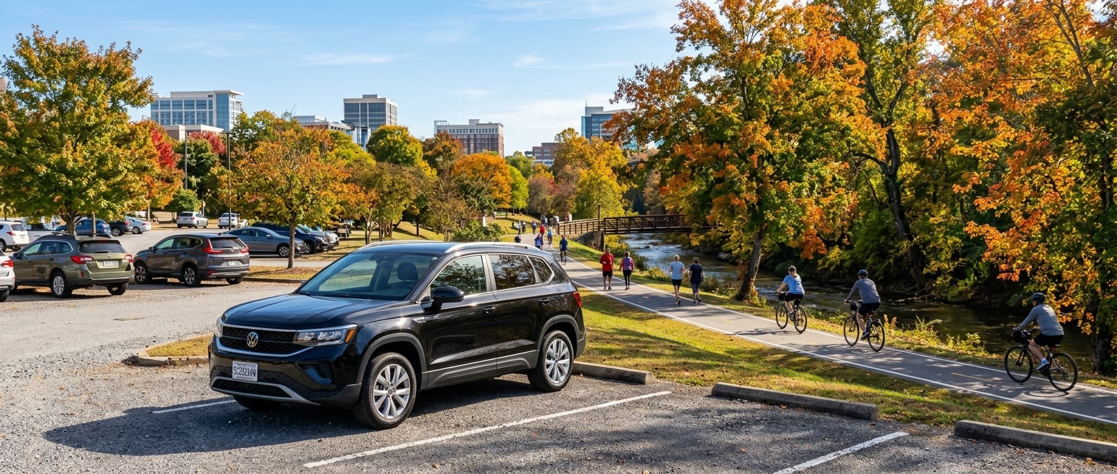 2026 Volkswagen Taos parked at a Swamp Rabbit Trail trailhead in Greenville, SC