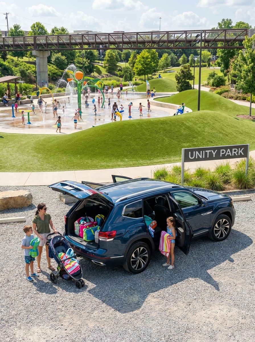 2026 Volkswagen Atlas parked at Unity Park in Greenville SC with family unloading gear for a summer day at the splash pad