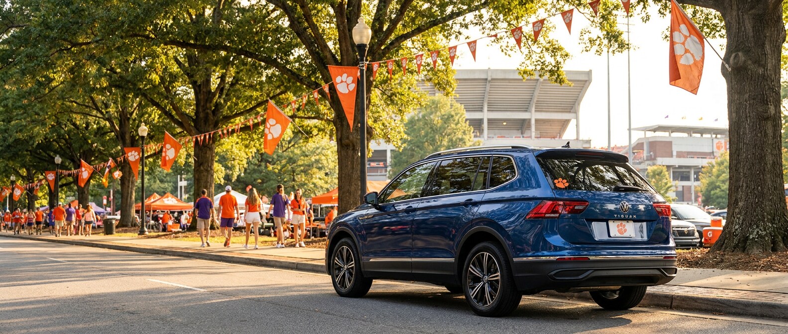 2026 Volkswagen Tiguan parked near Memorial Stadium in Clemson, SC on a college football game day