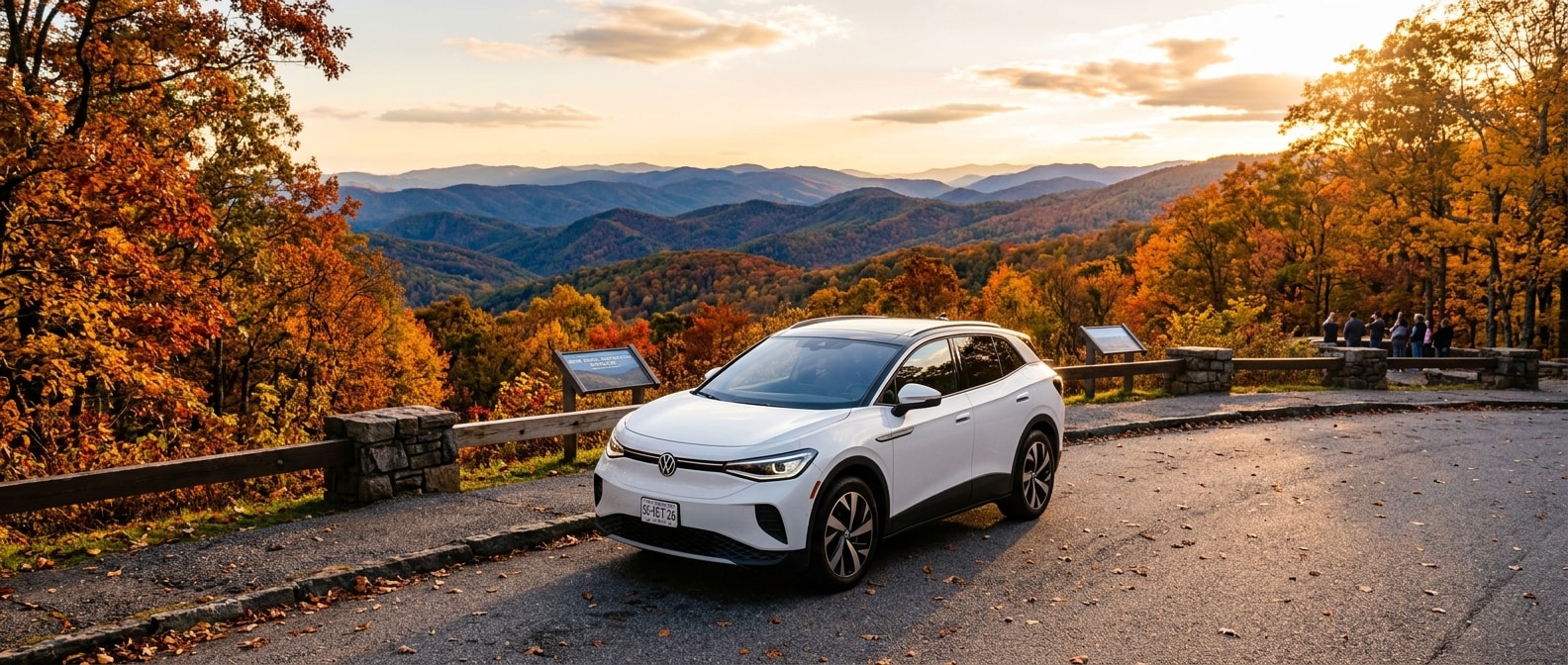 2026 Volkswagen ID.4 at a Blue Ridge overlook with fall foliage in Upstate South Carolina
