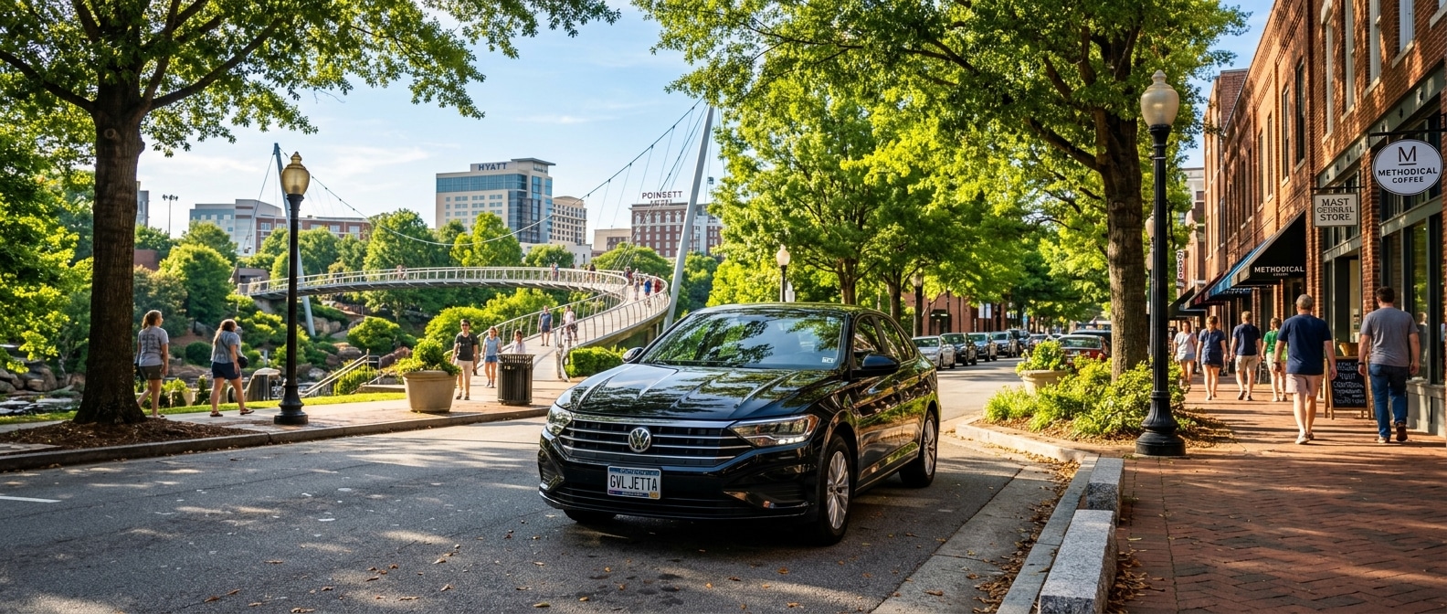 2023 Volkswagen Jetta parked in Downtown Greenville SC near Falls Park on the Reedy River