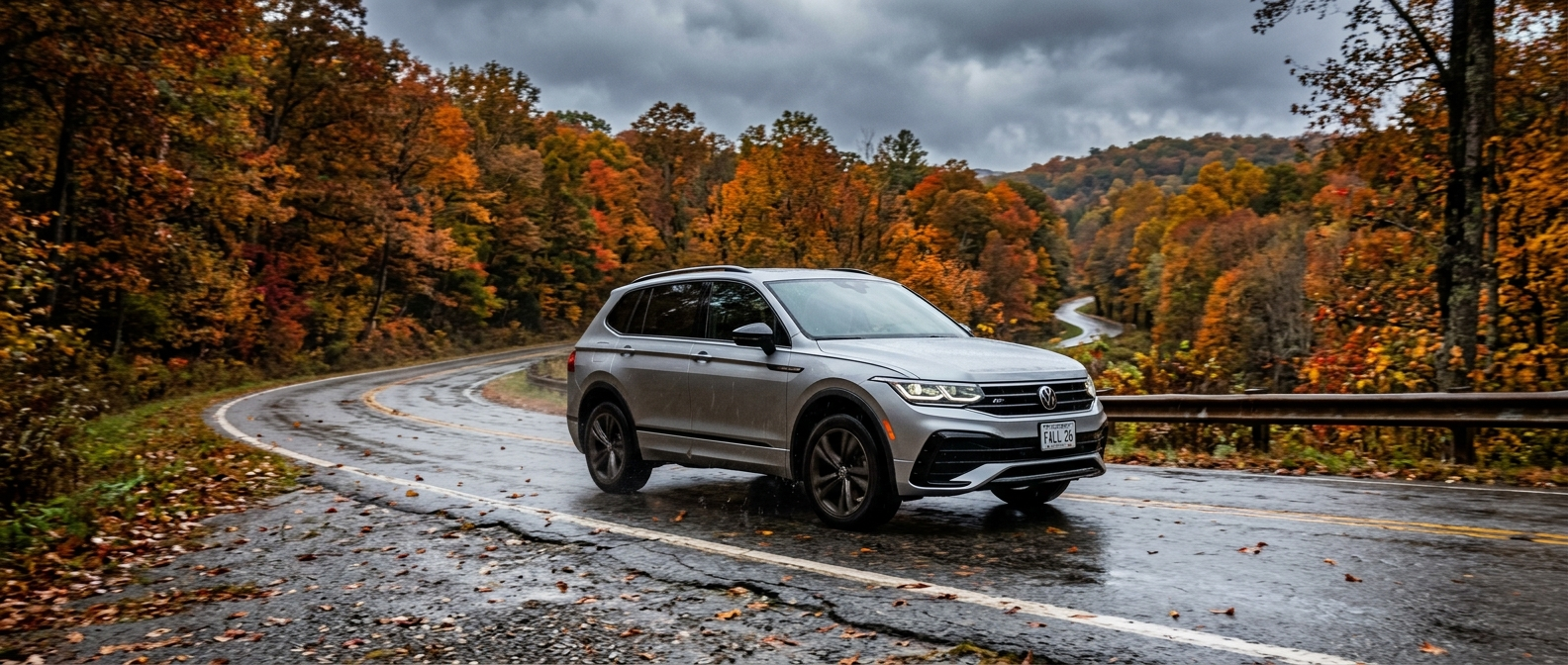 2026 Volkswagen Tiguan driving on a wet rough road in Upstate South Carolina in fall 2026