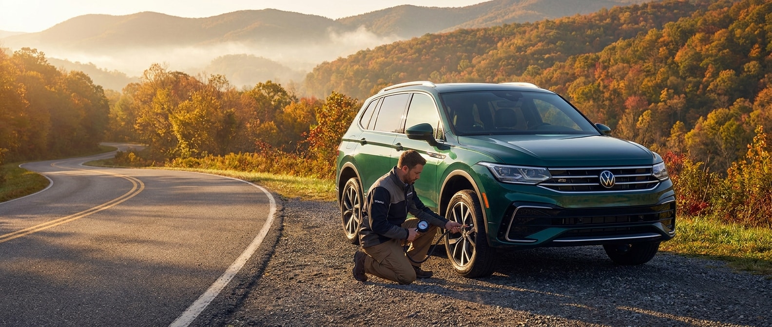 2026 Volkswagen Tiguan tire pressure check on Cherokee Foothills Scenic Highway, fall 2026