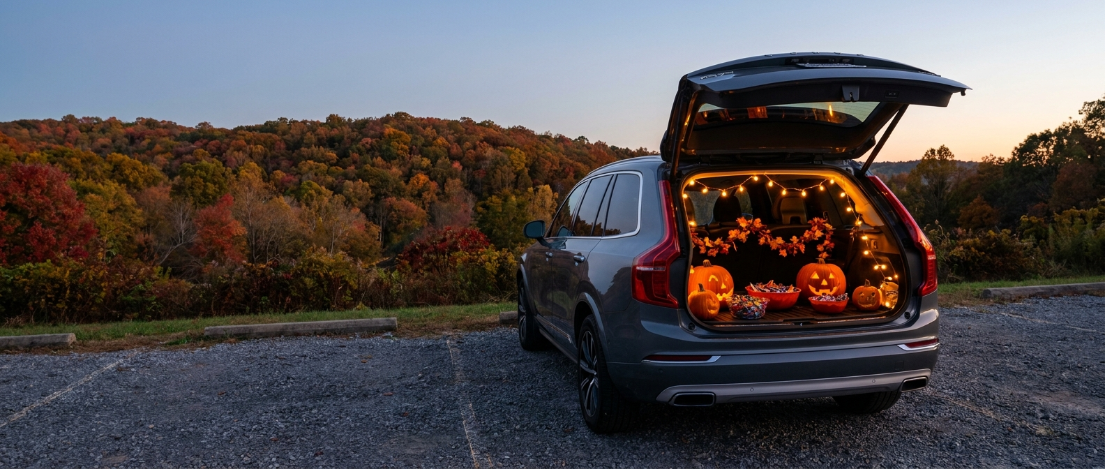 2026 Volvo XC90 with decorated trunk open for trunk-or-treat in Greenville, SC