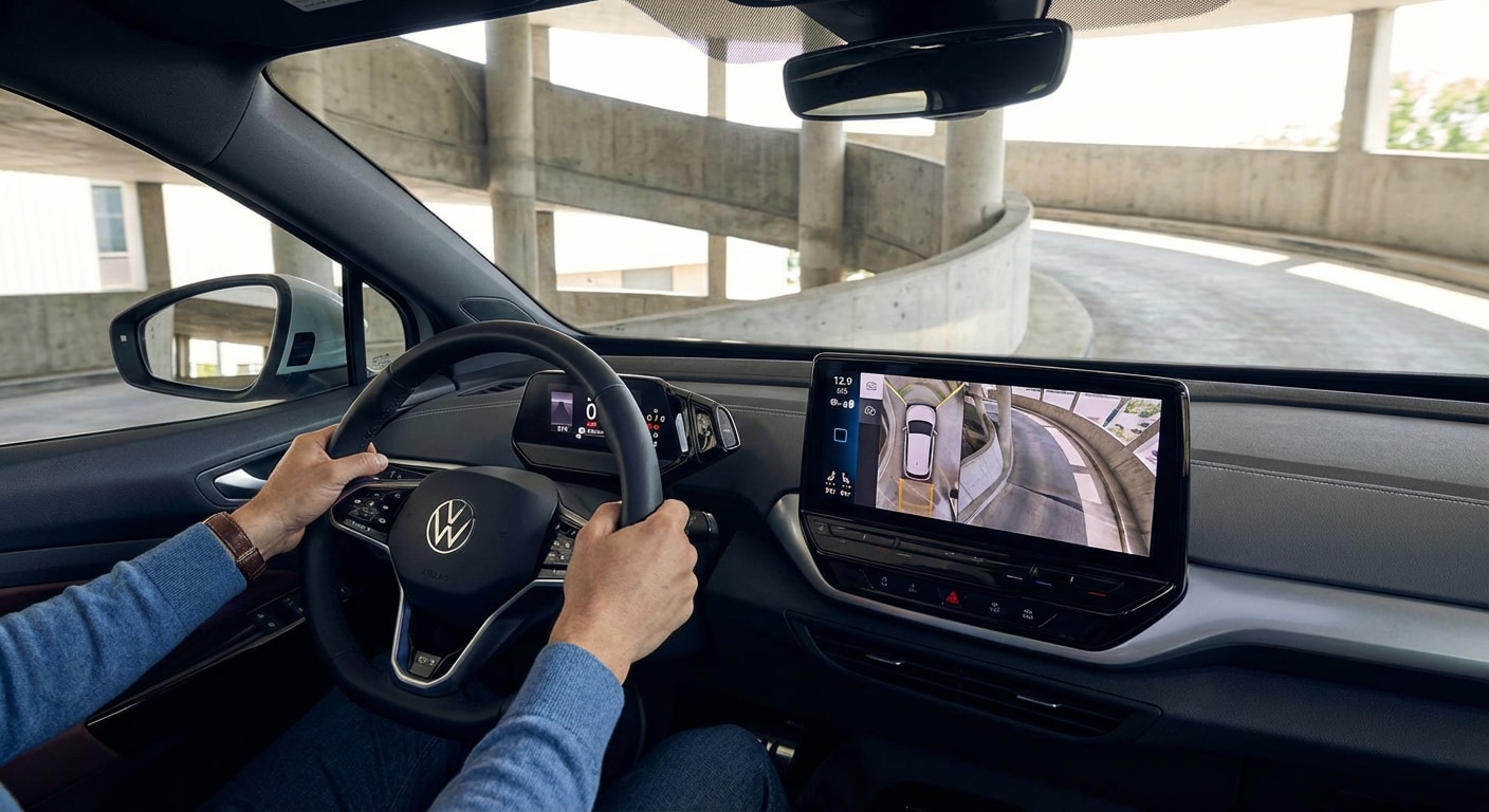 Volkswagen ID.4 Area View overhead camera parking in Greenville SC Richardson Street Garage.
