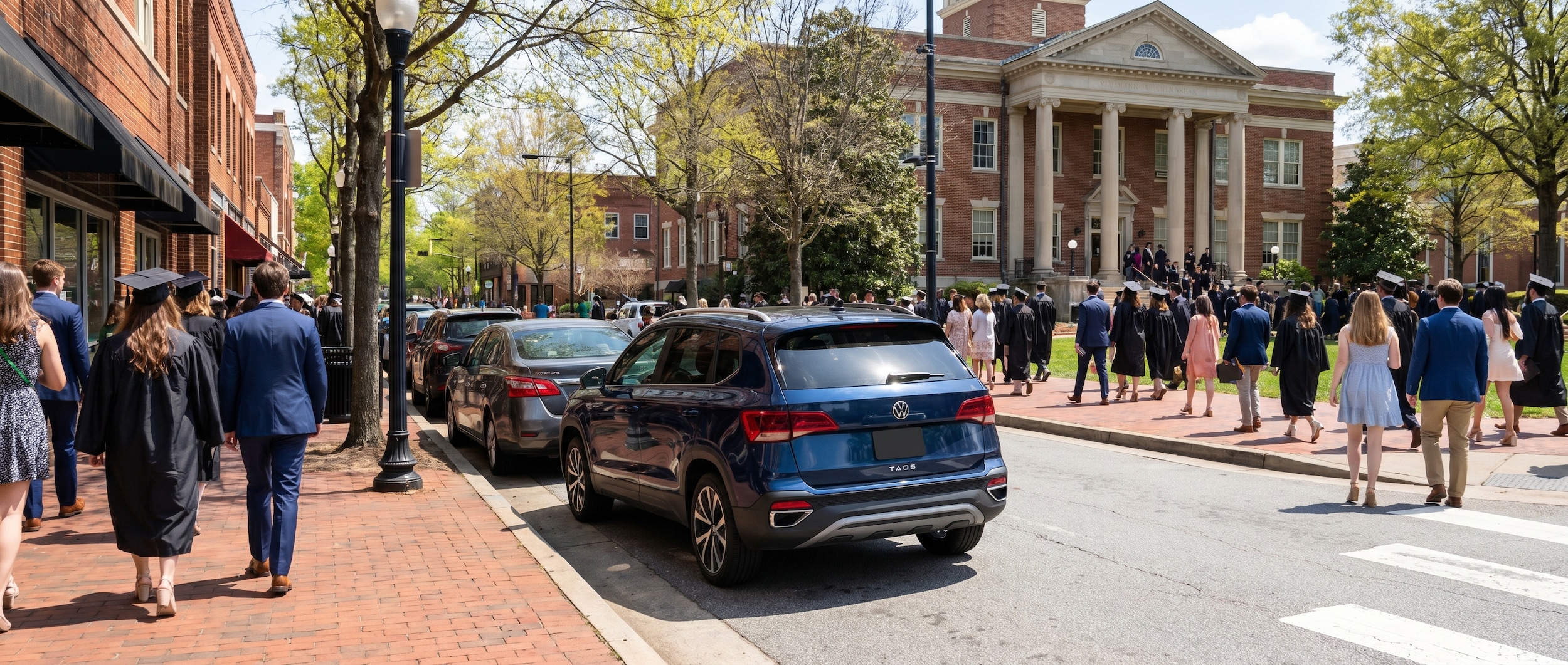 Volkswagen Taos parking downtown Greenville SC graduation season
