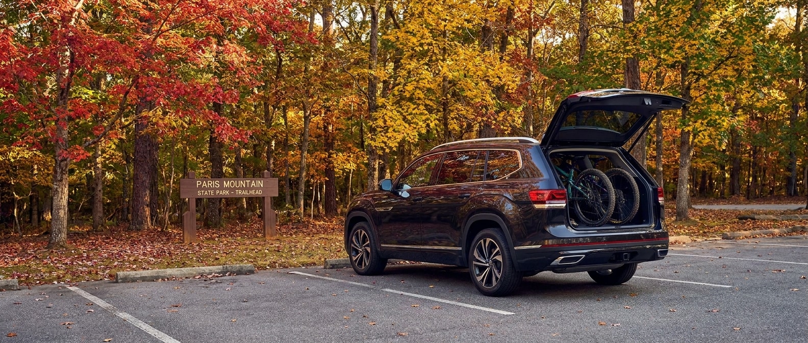 2026 Volkswagen Atlas at Swamp Rabbit Trail trailhead in Greenville SC during fall foliage season