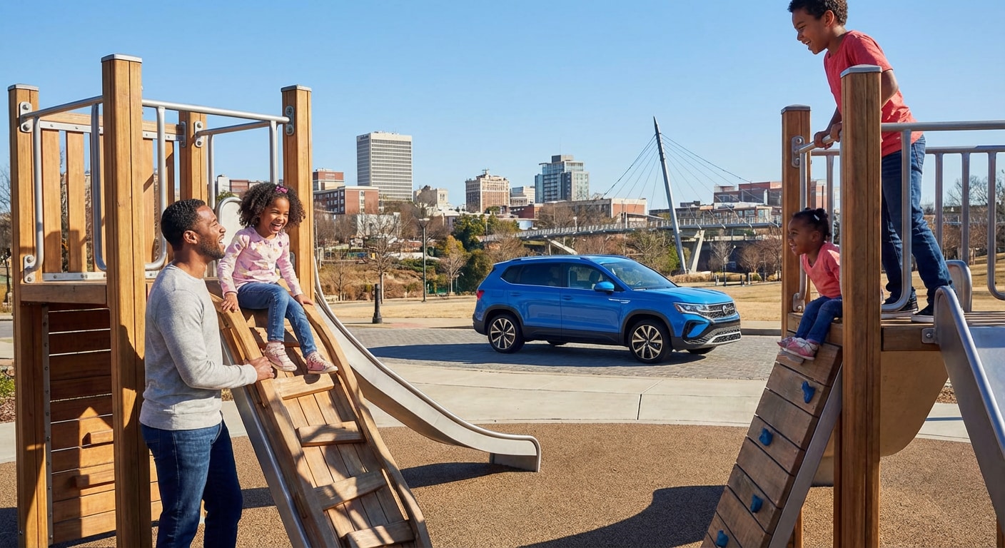 Volkswagen Taos parked at Unity Park Commons family destination in Greenville, SC