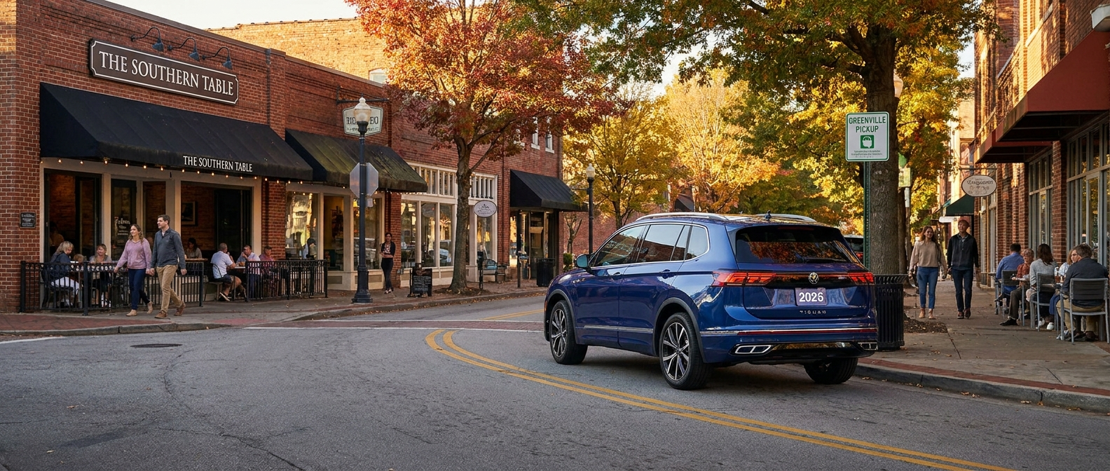 2026 Volkswagen Tiguan parked at a downtown Greenville curbside pickup zone on a narrow two-lane street