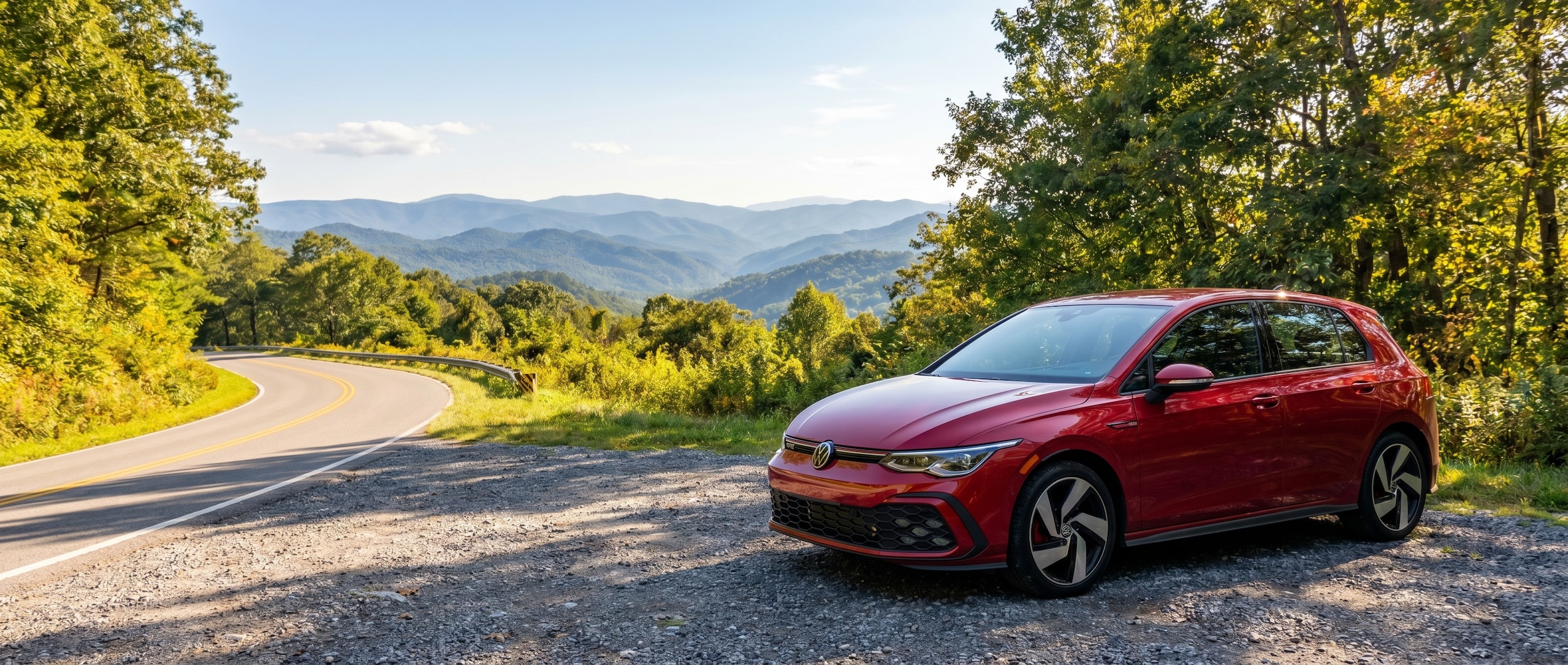 Volkswagen Golf GTI on scenic mountain road near Travelers Rest from Greenville SC