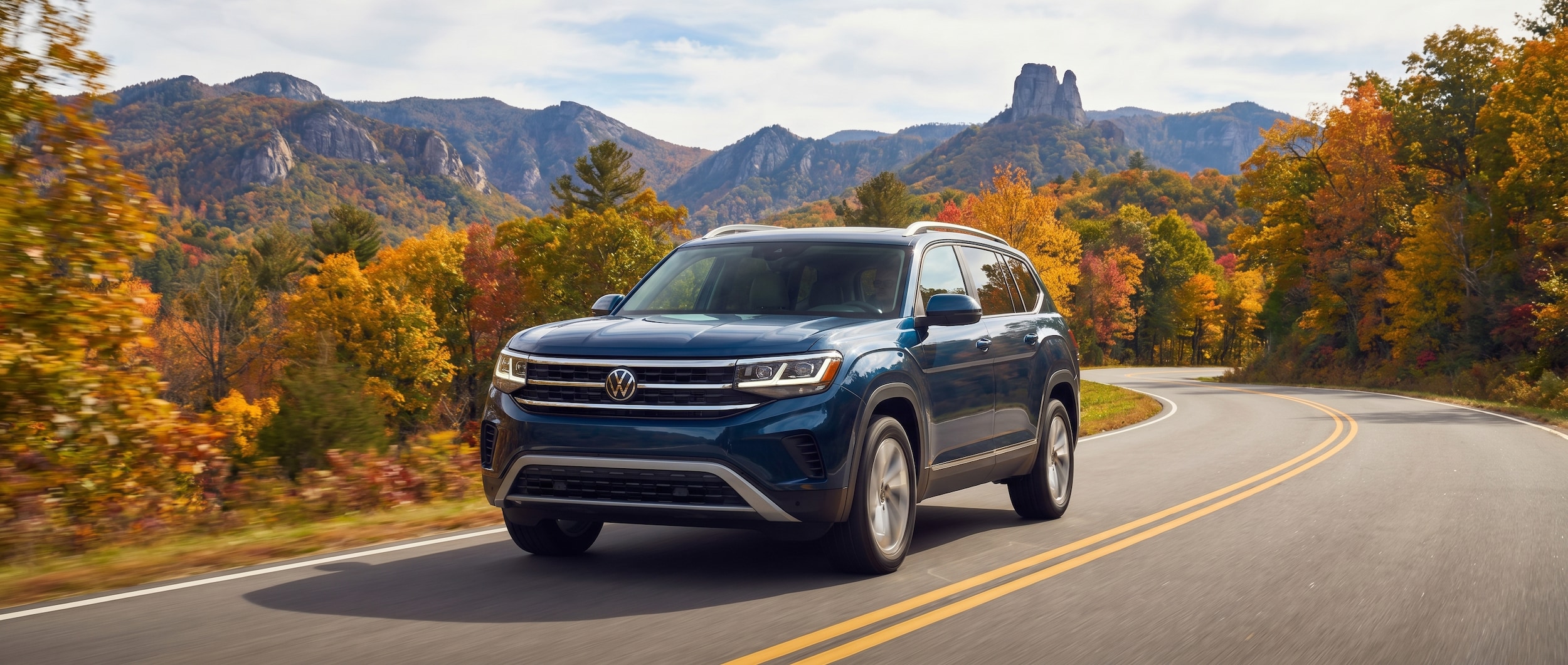 Volkswagen Atlas driving mountain roads near Chimney Rock from Greenville SC
