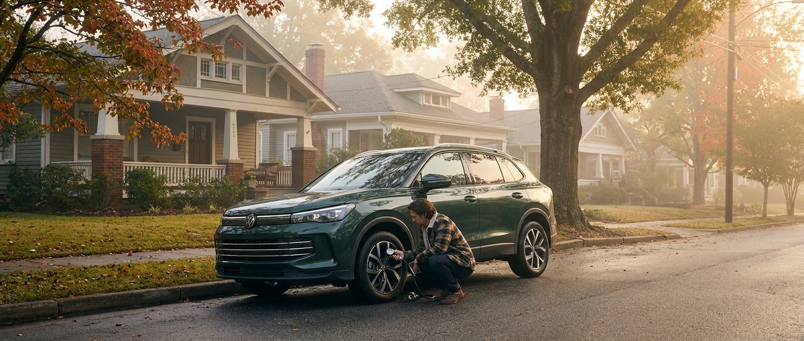 2026 Volkswagen Tiguan tire pressure check on a cool fall morning in Greenville SC