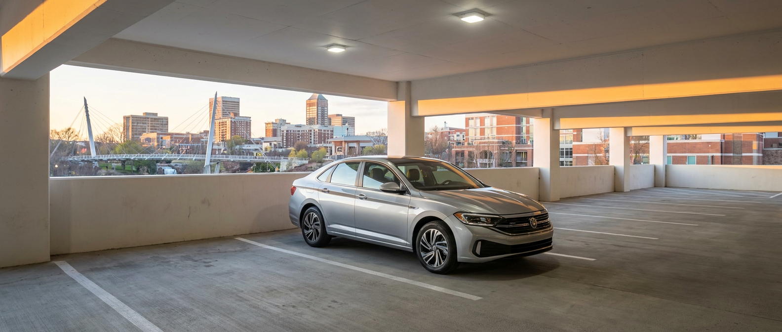 2026 Volkswagen Jetta parked in Downtown Greenville SC parking garage on an event night