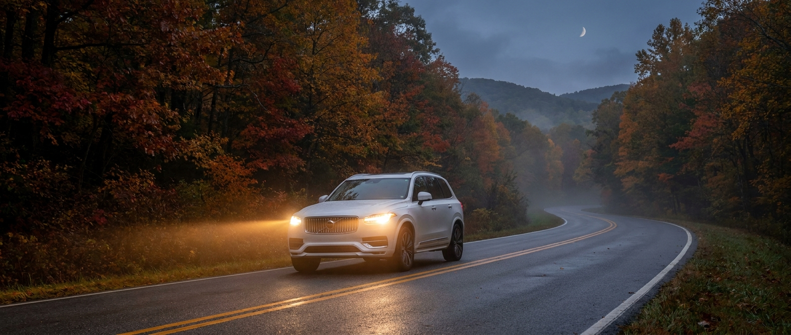 2026 Volvo XC90 Thor's Hammer LED headlights on an Upstate SC fall night drive