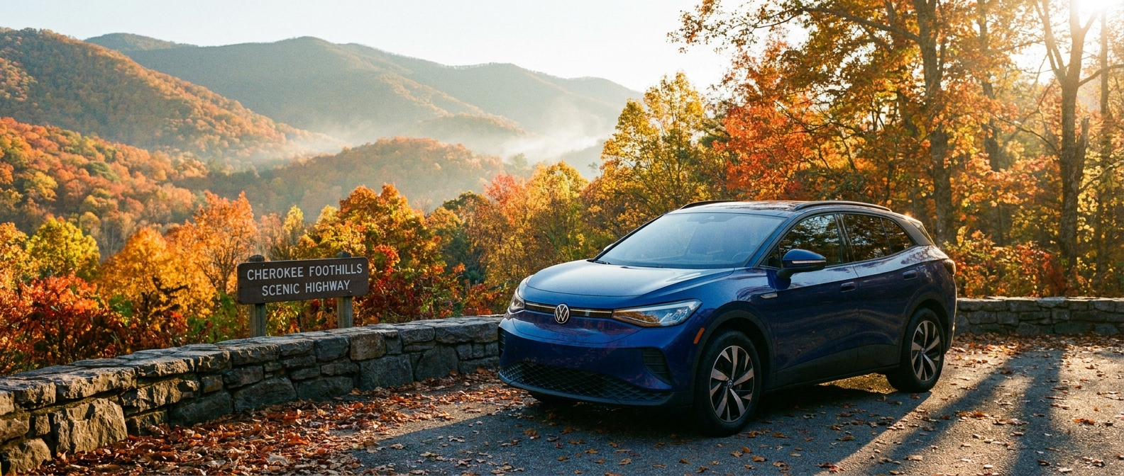 2026 Volkswagen ID.4 on Cherokee Foothills Scenic Highway in fall foliage, Upstate South Carolina