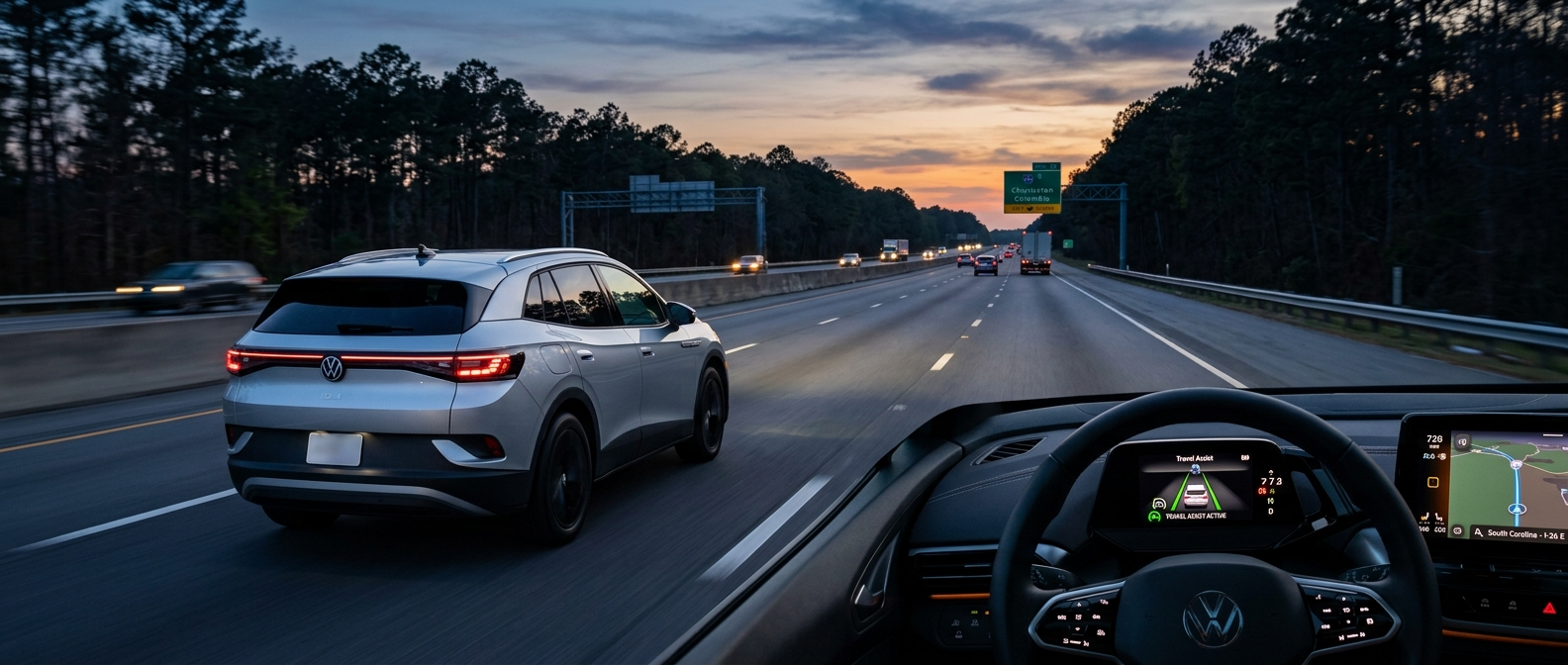 2026 Volkswagen ID.4 with Travel Assist active on I-85 in Upstate South Carolina at dusk