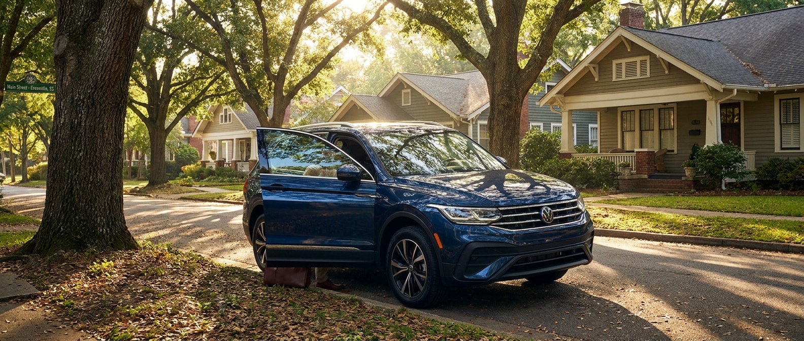 2026 Volkswagen Tiguan on a Greenville SC neighborhood street after a short morning commute