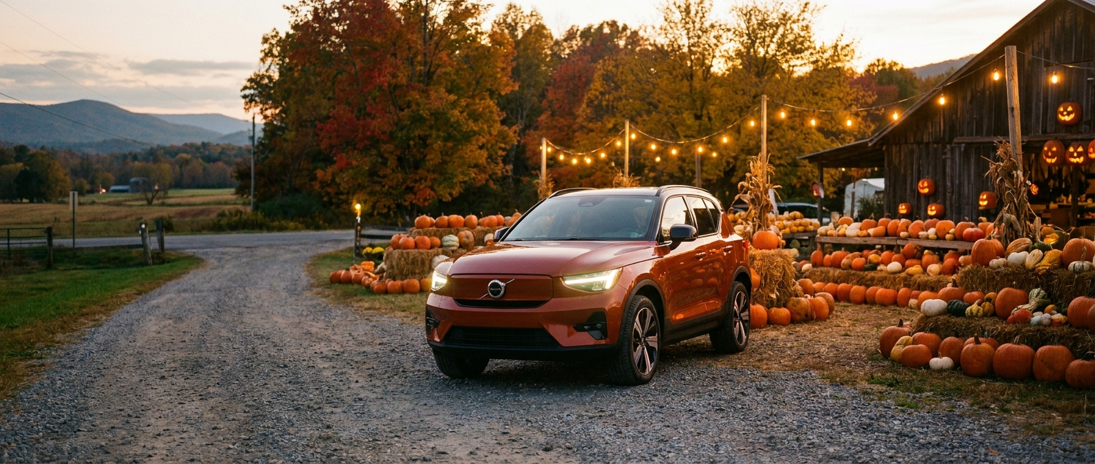 2026 Volvo XC40 parked at a fall pumpkin display in Greenville, SC on Halloween evening