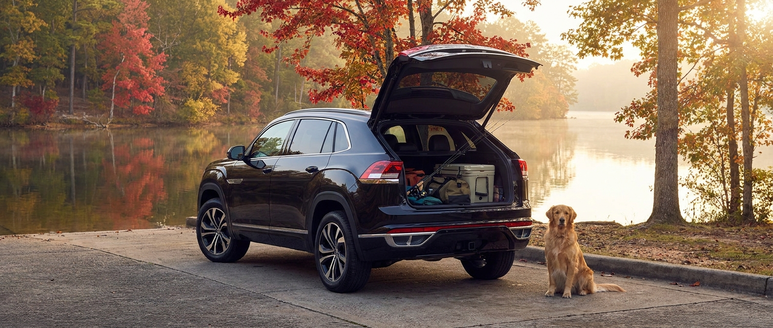 2026 Volkswagen Atlas Cross Sport at Lake Hartwell SC with fall foliage and open cargo area