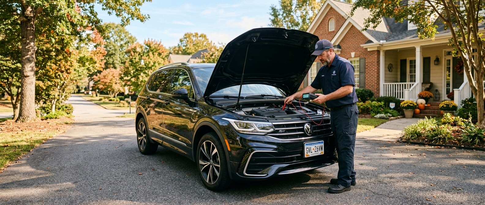 2026 Volkswagen Tiguan hood open for battery check at a Greenville, SC home in early fall