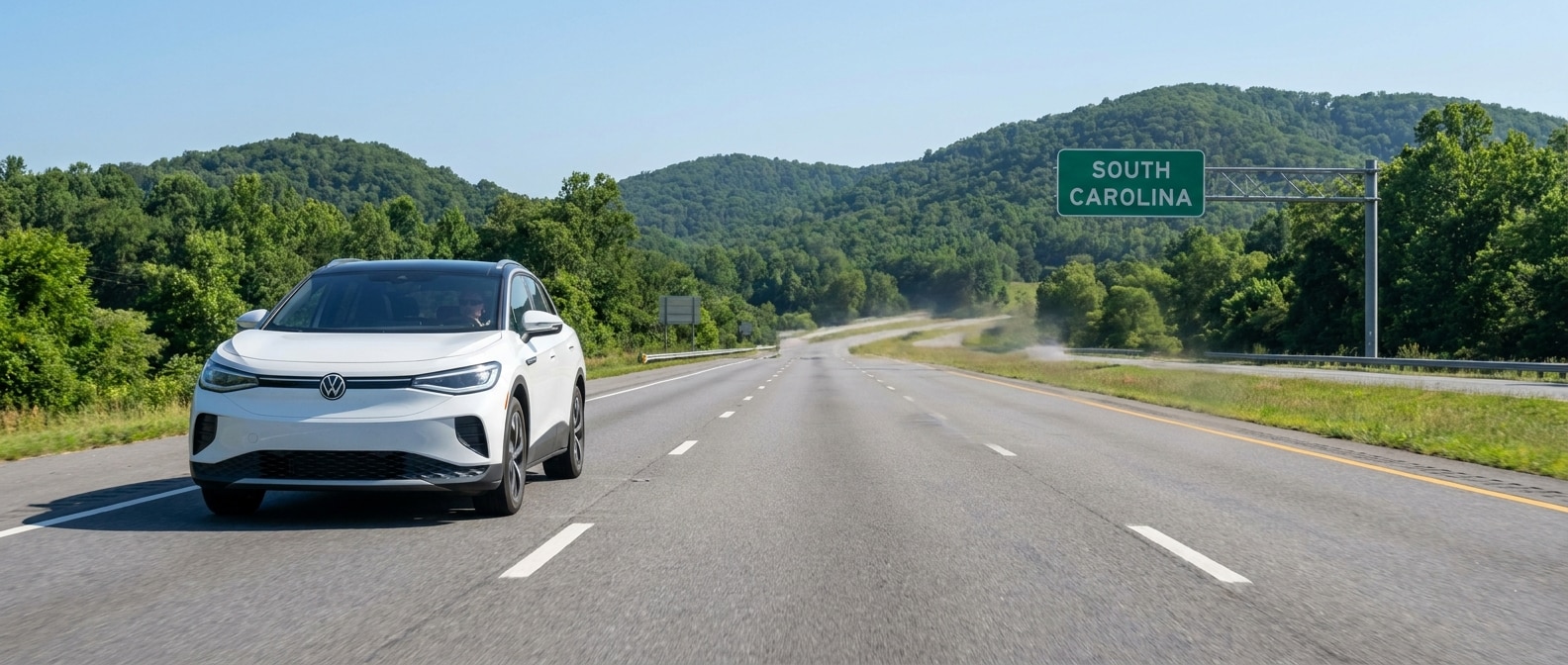 2026 Volkswagen ID.4 on a sun-drenched South Carolina highway in summer