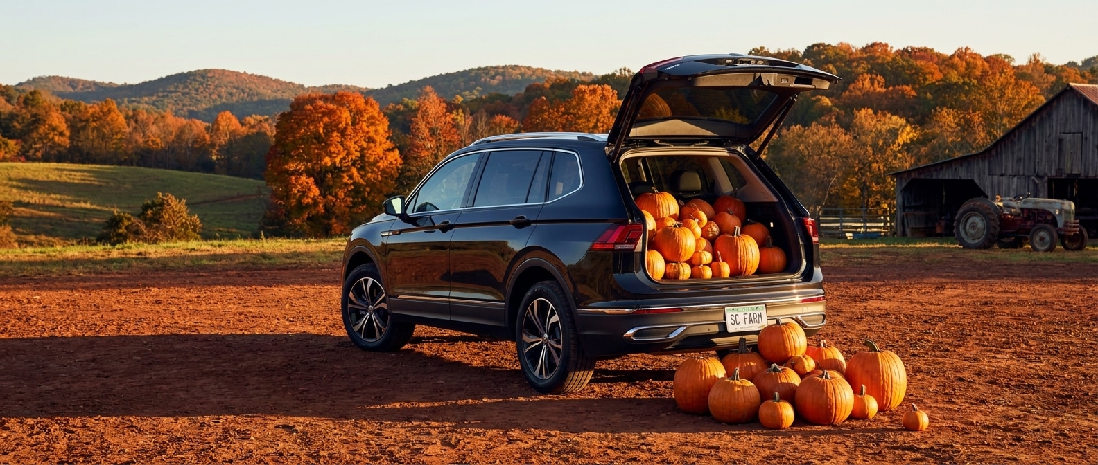 2026 Volkswagen Tiguan with open liftgate loaded with pumpkins at an Upstate SC farm in fall