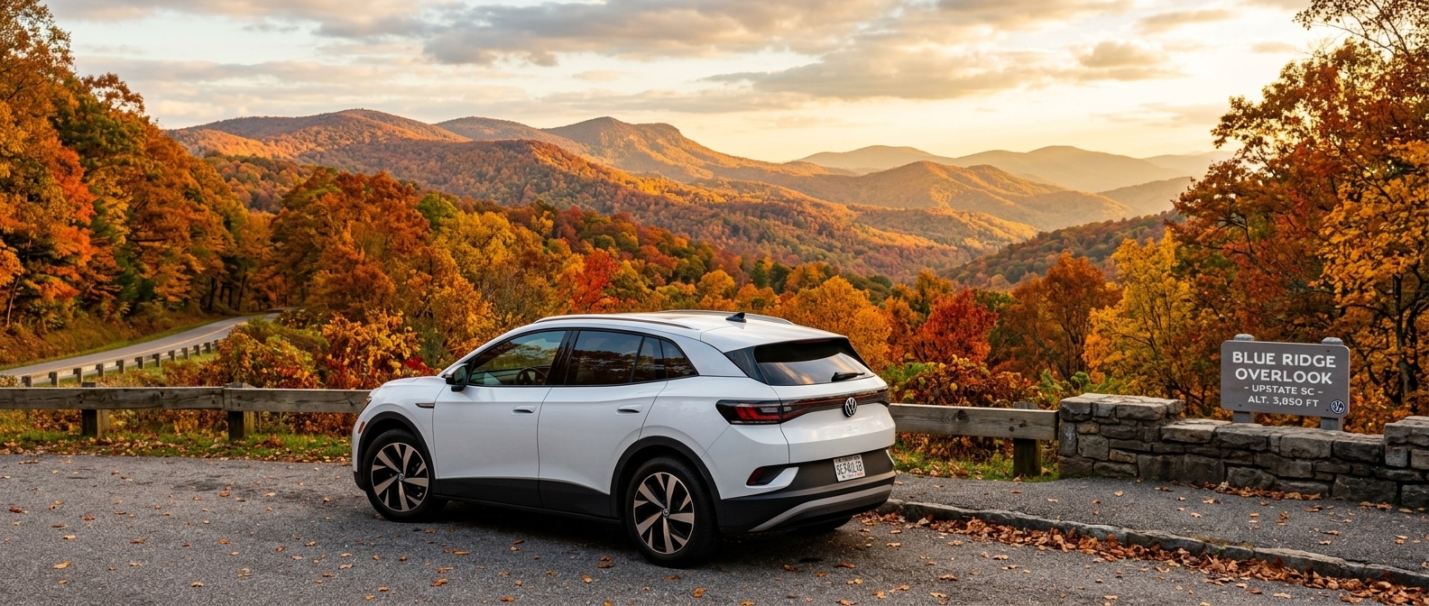 2026 Volkswagen ID.4 at a Blue Ridge overlook with fall foliage in Upstate South Carolina