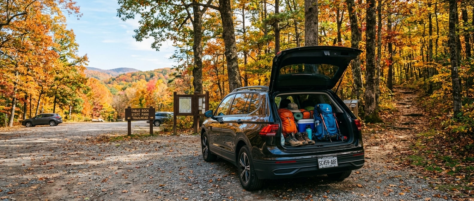 2026 Volkswagen Tiguan cargo area loaded for a fall hike at Paris Mountain State Park near Greenville SC